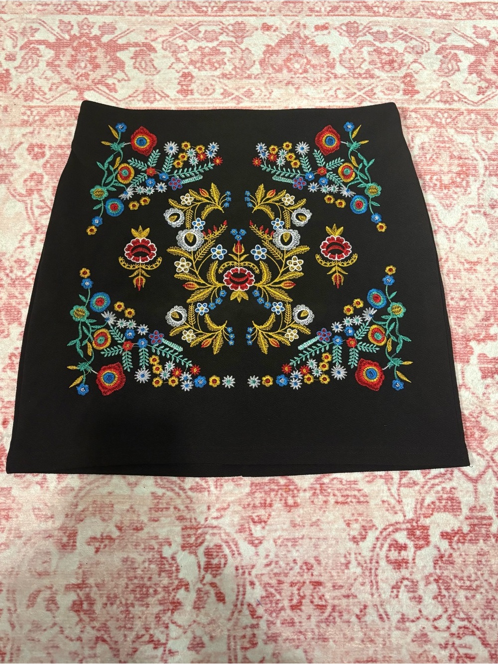 SHEIN Black Mini Skirt with Multicolor Floral Embroidery